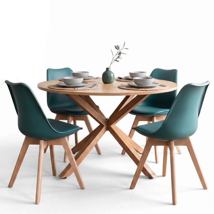 Comedor Mesa Redonda Equiz Wood 100cm + 4 Sillas Tulip Verde Esmeralda