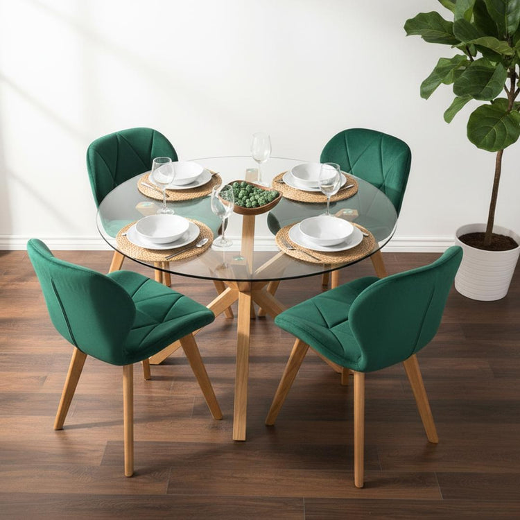 Comedor Mesa Redonda Equiz 100cm + 4 Sillones Rubik Velvet Verde Esmeralda