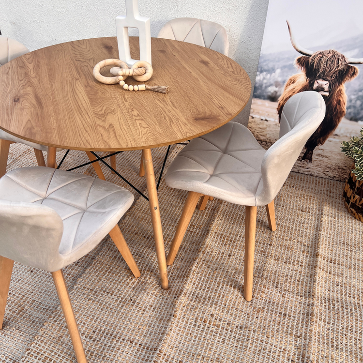 Comedor Mesa Shanna 100cm + 4 Sillones Rubik Beige Velvet