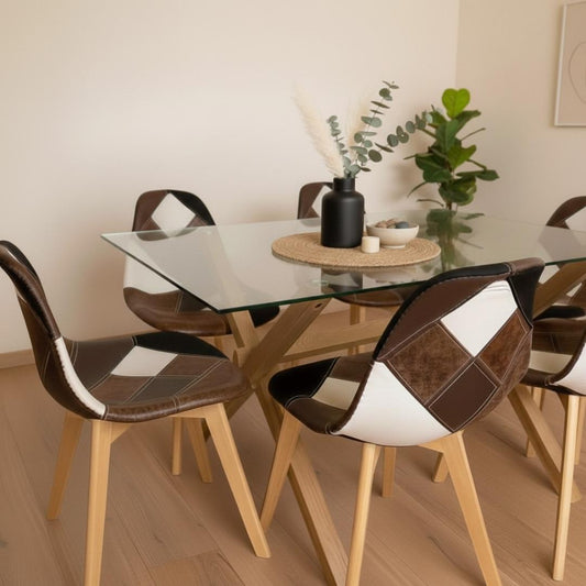 Comedor Mesa Xinia 140x90 + 6 Silla Patchwork Da Vinci | Ecocuero Café