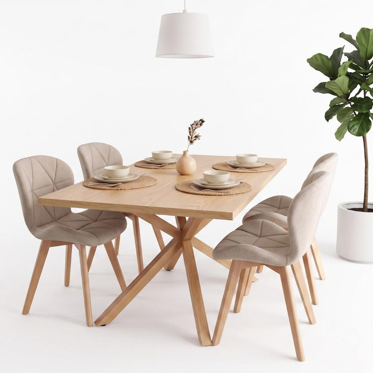 Comedor Mesa Greta Wood 140x90 + 4 Sillón Rubik Lino Beige