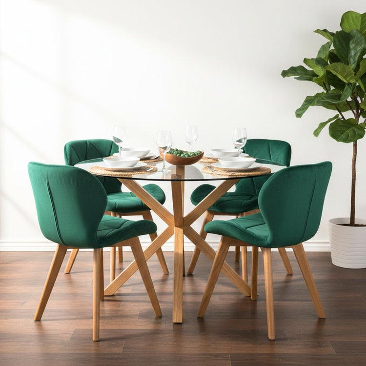 Comedor Mesa Redonda Equiz 100cm + 4 Sillones Rubik Velvet Verde Esmeralda