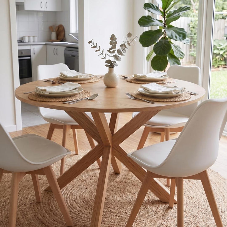 Comedor Mesa Redonda Equiz Wood 100cm | Base X + 4 Sillas Tulip Blancas