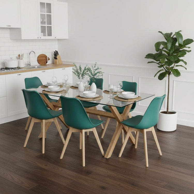 Comedor Moderno Mesa Xinia 140X90 + 6 Sillas Tulip Verde Esmeralda