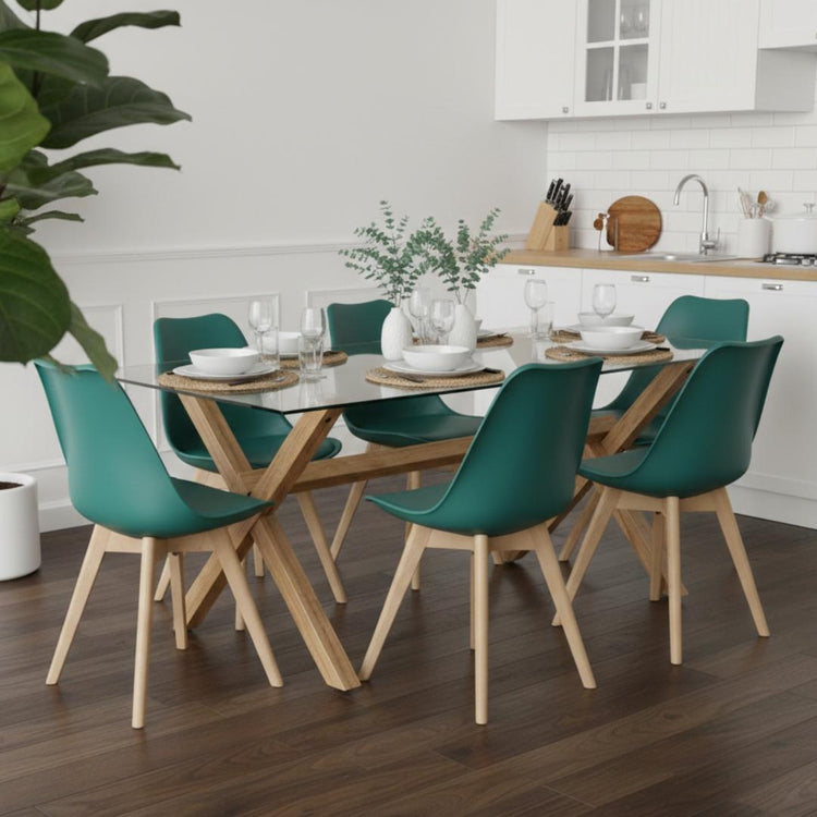 Comedor Moderno Mesa Xinia 140X90 + 6 Sillas Tulip Verde Esmeralda