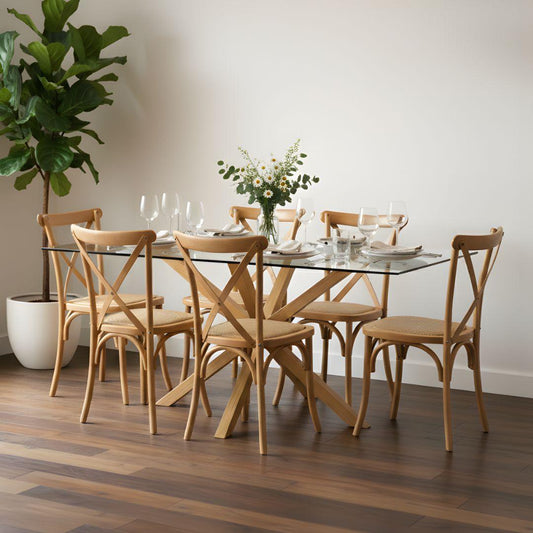 Comedor Mesa Rectangular Greta 160x90 + 6 Sillas Crossback Madera Natural