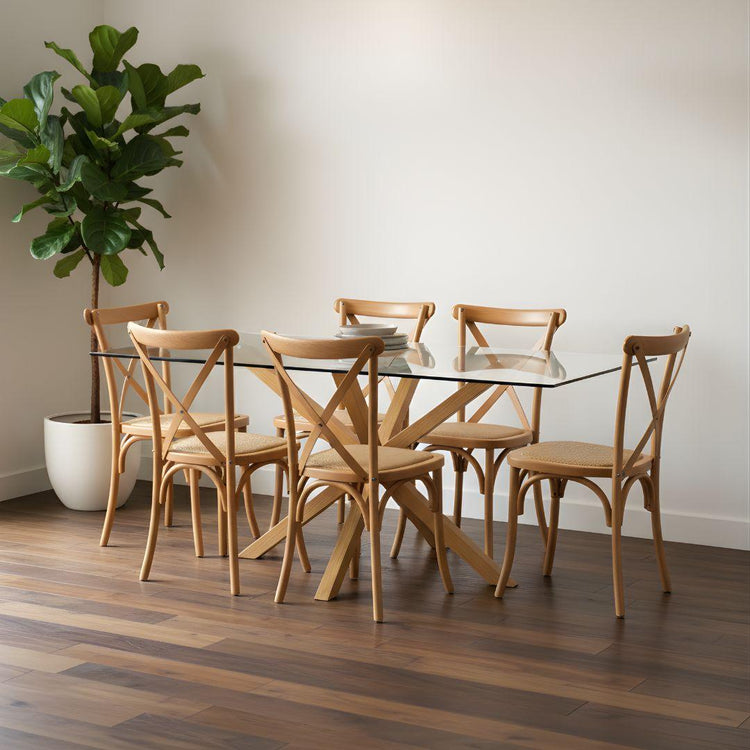 Comedor Mesa Rectangular Greta 160x90 + 6 Sillas Crossback Madera Natural
