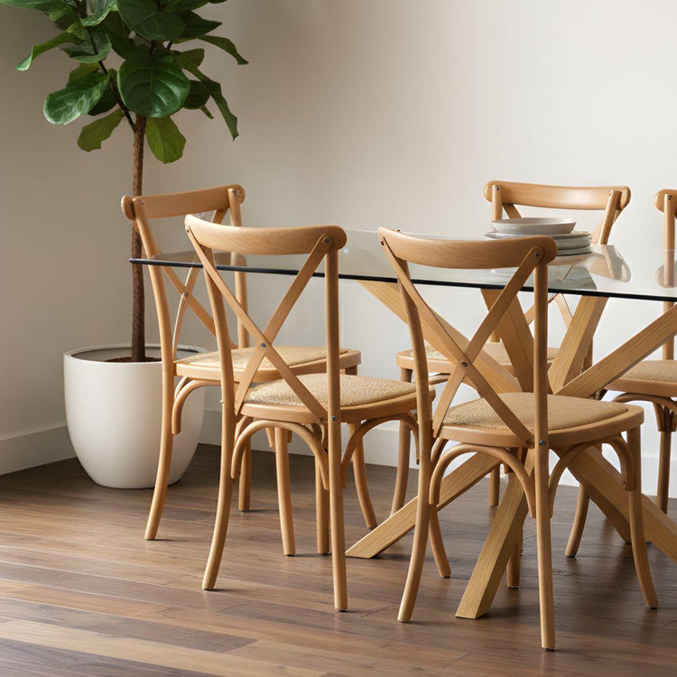 Comedor Mesa Rectangular Greta 160x90 + 6 Sillas Crossback Madera Natural