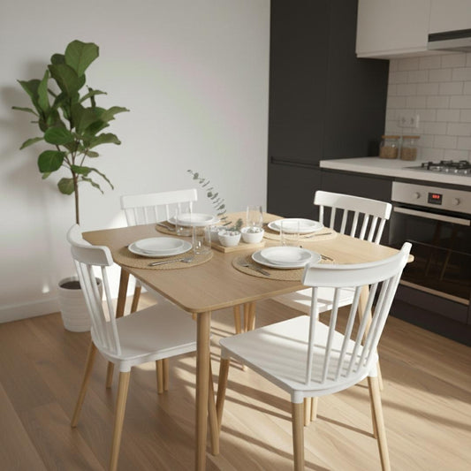 Comedor Mesa Cosmo Natural 70x70 cm + 4 Sillas Windsor Blanca