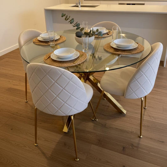 Comedor Mesa Equiz 100cm (Patas X Dorada) + 4 Sillas Adela Beige