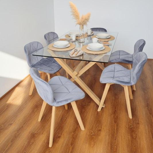 Comedor Moderno Mesa Xinia 140x90 + 6 Sillón Rubik Velvet Gris