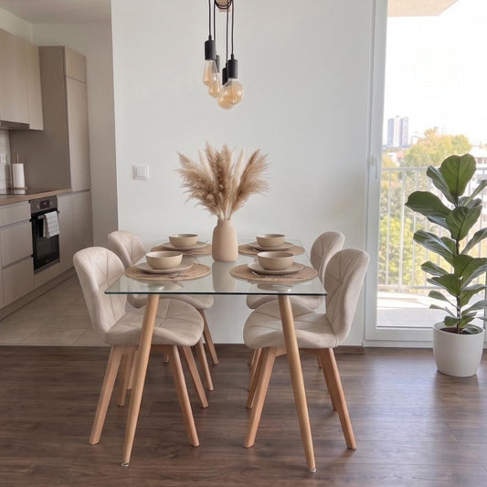Comedor Mesa Vitreo 120x80 + 4 Sillón Rubik Velvet Beige