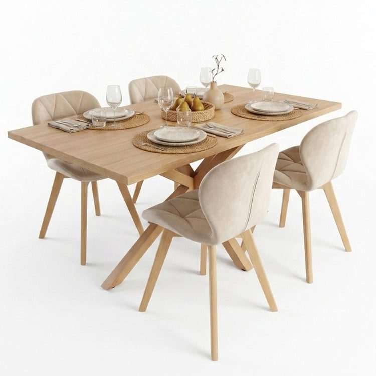 Comedor Mesa Greta Wood 140x90 + 4 Sillón Rubik Velvet Beige
