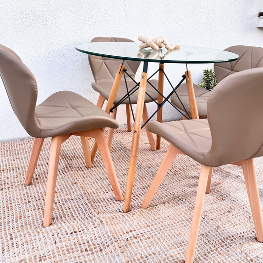 Comedor Redondo Mesa Elida 80cm + 4 Sillones Rubik Latte