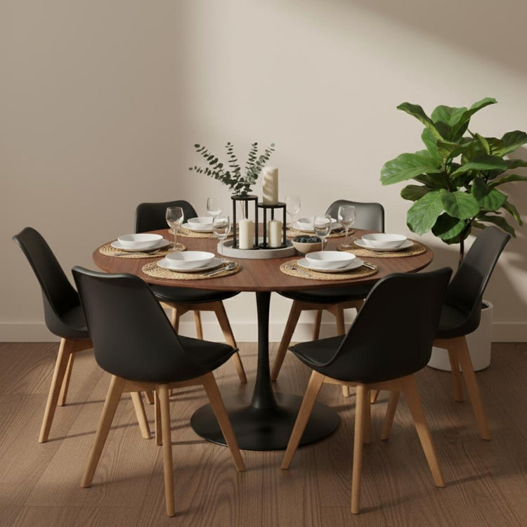 Comedor Mesa Tulip 120 cm (Cubierta Efecto Madera Oscura) + 6 Sillas Tulip Negro