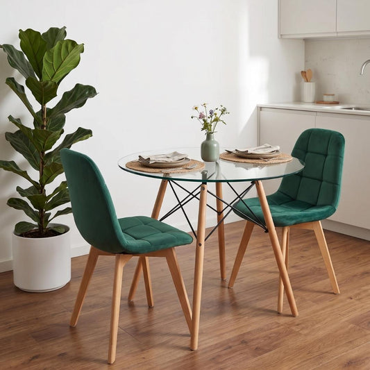 Comedor Mesa Redonda Elida 80cm + 2 Sillón Vorak Velvet Verde Esmeralda