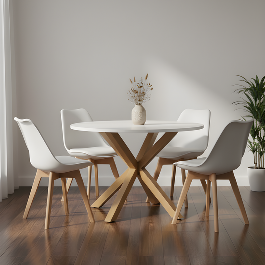 Comedor Mesa Redonda Equiz 100cm Blanca + 4 Sillas Tulip Blanca
