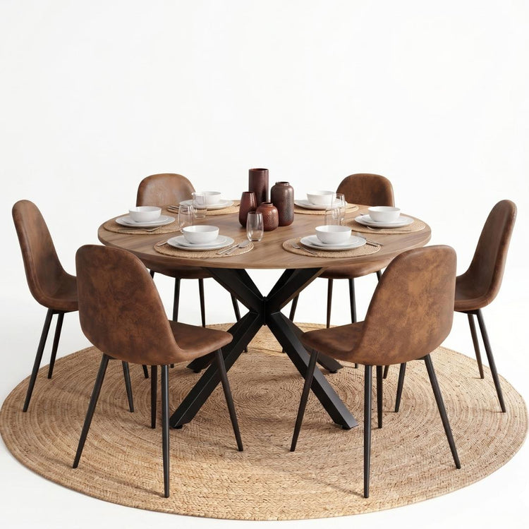 Comedor Mesa Redonda Equiz 120cm Madera | Base X Negro + 6 Sillas Isidora