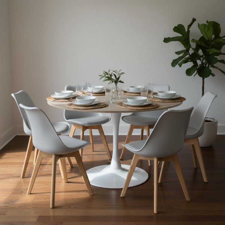 Comedor Mesa Tulip 120 cm (Cubierta Efecto Madera) + 6 Sillas Tulip Gris