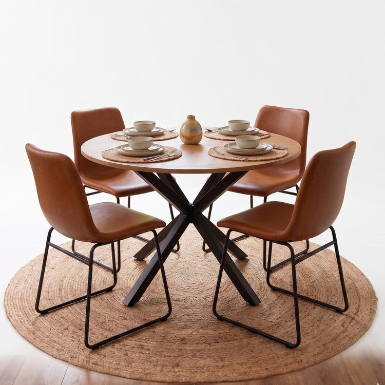 Comedor Mesa Redonda Equiz 100cm Madera | Base X Negro + 4 Sillas Toscana