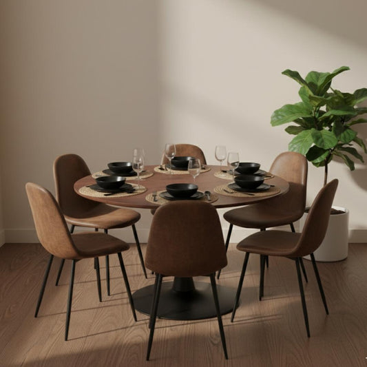 Comedor Mesa Tulip 120 cm (Cubierta Efecto Madera Oscura) + 6 Sillas Isidora