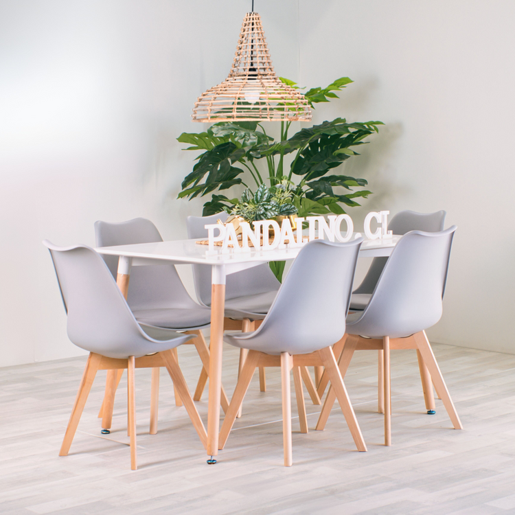 Comedor Mesa Rectangular Brunell 120x80 Blanca + 6 Sillas Tulip Gris