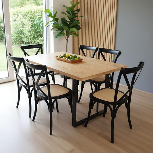 Comedor Mesa Rectangular Ámbar 160x90 + 6 Sillas Crossback Madera Negra