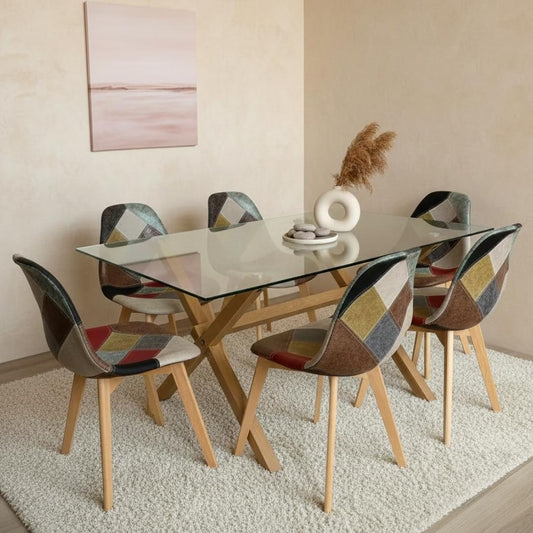 Comedor Mesa Xinia 140x90 + 6 Sillas Patchwork Da Vinci | Ecocuero Claro