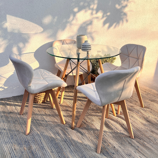 Comedor Redondo Mesa Elida 80cm + 4 Sillones Rubik Beige Felpa