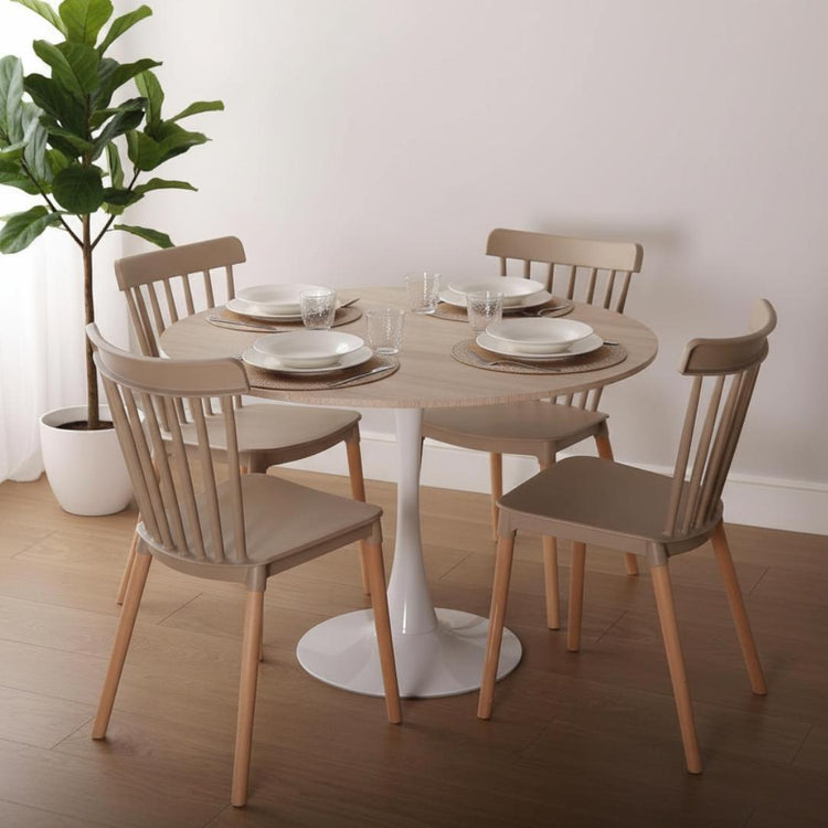 Comedor Mesa Tulip 100 cm (Cubierta Efecto Madera) + 4 Sillas Windsor Beige