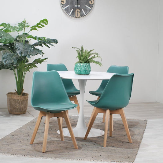 Comedor Mesa Tulip Blanca 80cm + 4 Sillas Tulip Verde Esmeralda