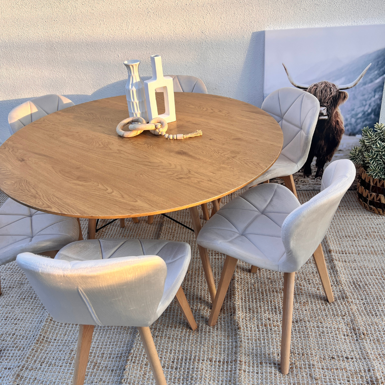 Comedor Mesa Shanna 120cm + 6 Sillones Rubik Beige Velvet