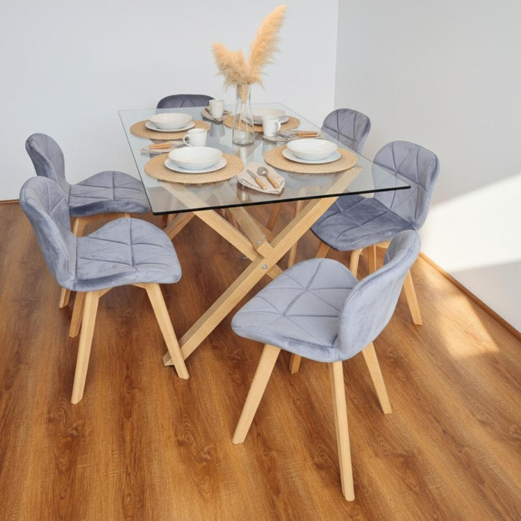 Comedor Moderno Mesa Xinia 140x90 + 6 Sillones Rubik Velvet Gris