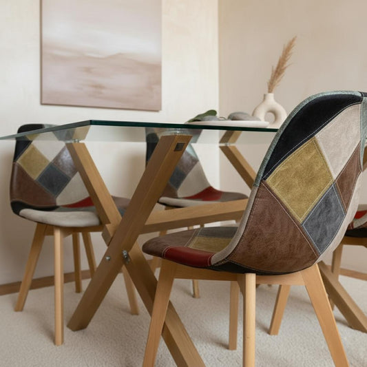 Comedor Mesa Xinia 140x90 + 6 Sillas Patchwork Da Vinci | Ecocuero Claro