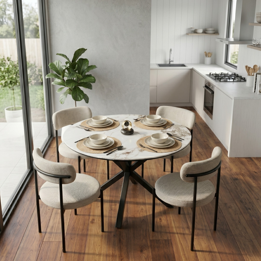 Comedor Mesa Redonda 100 cm Equiz | Cubierta Piedra | Base X Negro + 4 Sillas Makena Beige