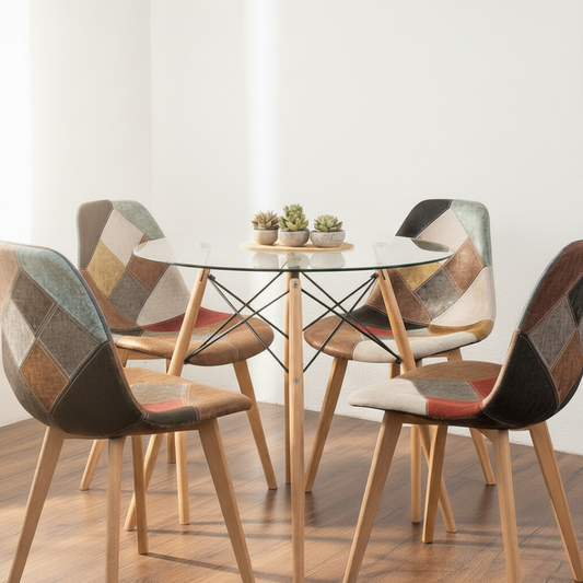 Comedor Redondo Mesa Elida 80cm + 4 Silla Patchwork Da Vinci