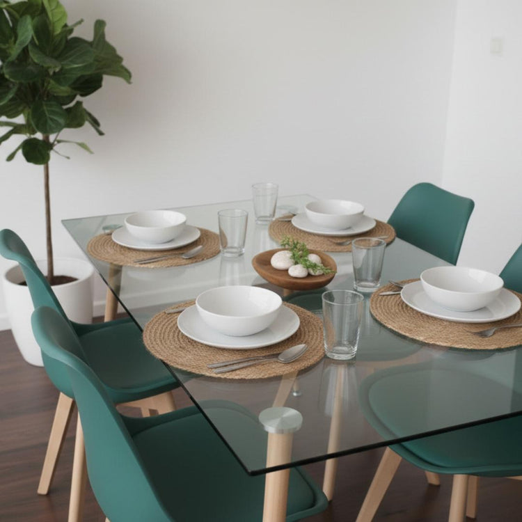 Comedor Mesa Vitreo 120x80 + 6 Sillas Tulip Verde Esmeralda