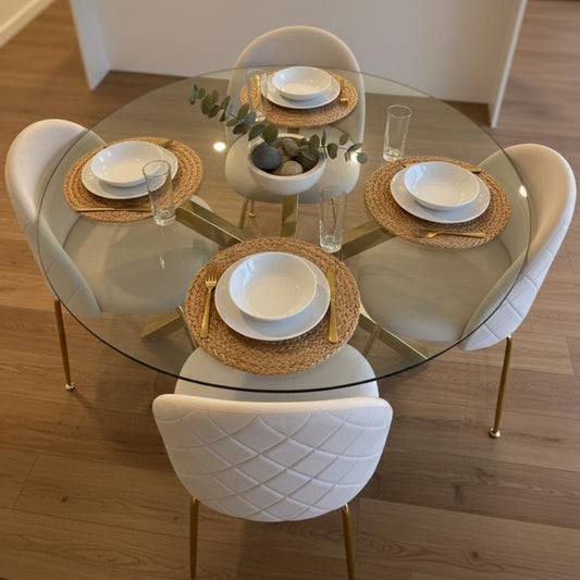 Comedor Mesa Equiz 100cm (Patas X Dorada) + 4 Sillas Adela Beige