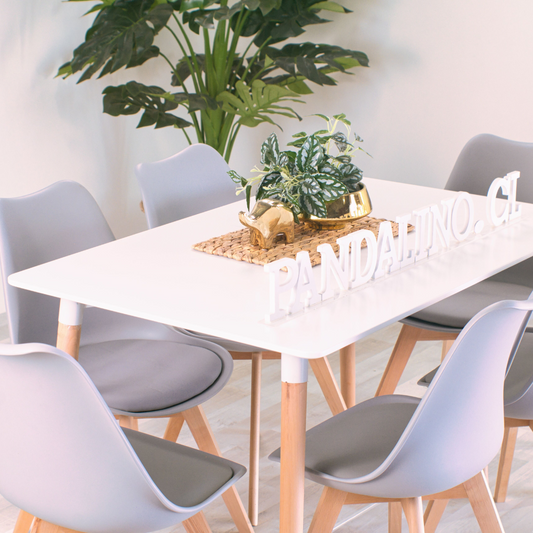 Comedor Mesa Rectangular Brunell 120x80 Blanca + 6 Sillas Tulip Gris