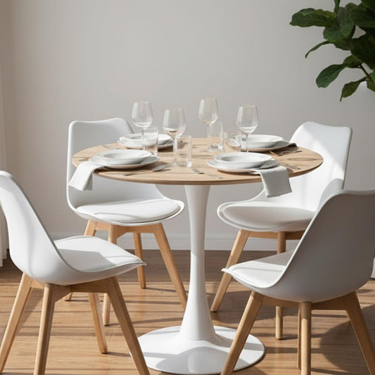 Comedor Mesa Tulip 100 cm (Cubierta Efecto Madera) + 4 Sillas Tulip Blanca
