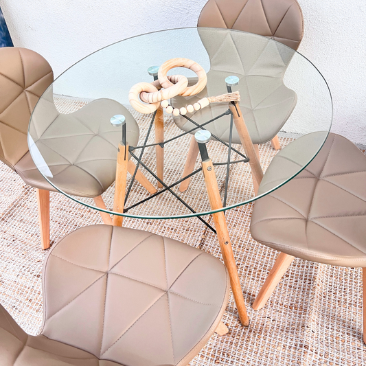 Comedor Redondo Mesa Elida 80cm + 4 Sillones Rubik Latte