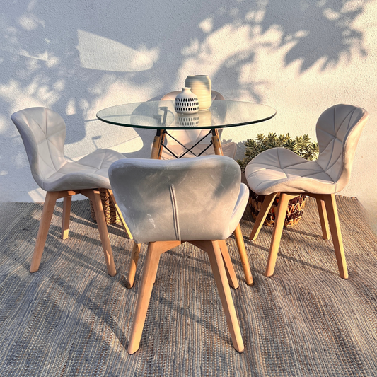 Comedor Redondo Mesa Elida 80cm + 4 Sillones Rubik Beige Felpa