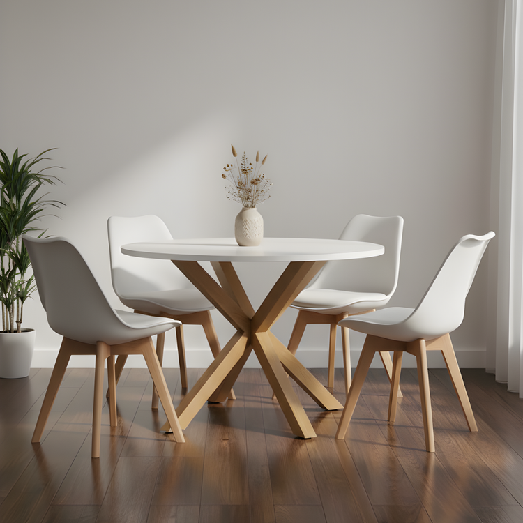 Comedor Mesa Redonda Equiz 100cm Blanca + 4 Sillas Tulip Blanca