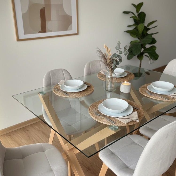 Comedor Mesa Xinia 140x90 + 6 Sillas Vorak Velvet Beige