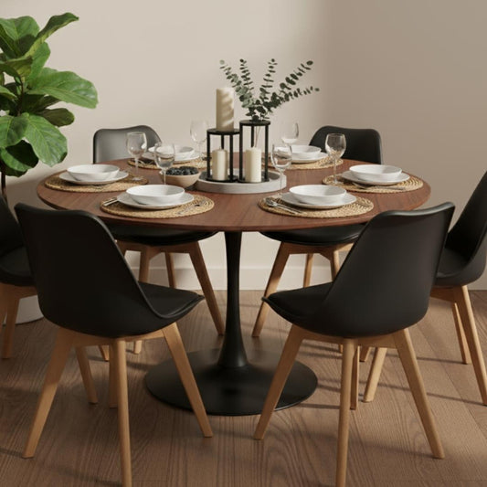 Comedor Mesa Tulip 120 cm (Cubierta Efecto Madera Oscura) + 6 Sillas Tulip Negro