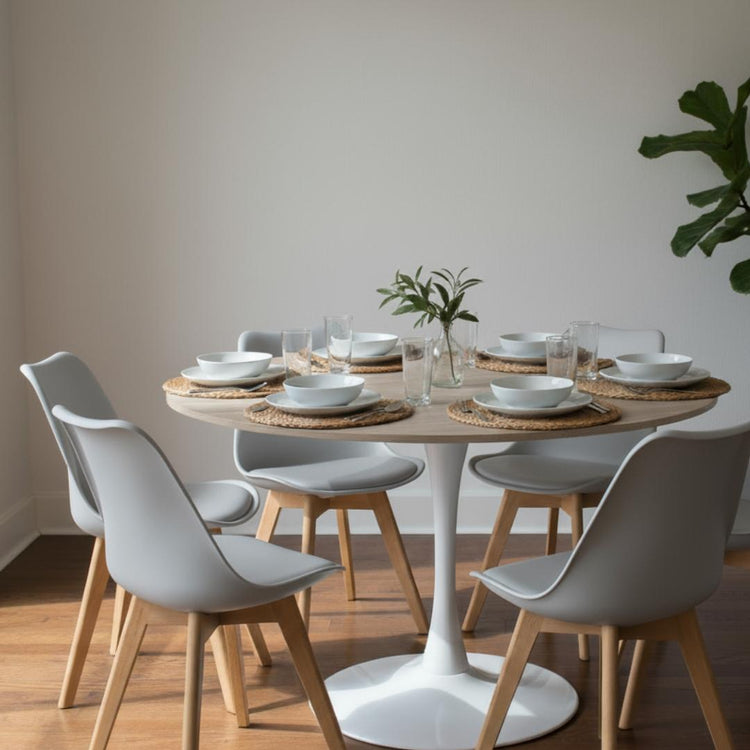 Comedor Mesa Tulip 120 cm (Cubierta Efecto Madera) + 6 Sillas Tulip Gris