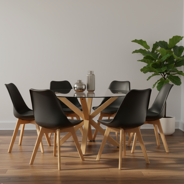 Comedor Mesa Redonda Equiz 120cm + 6 Sillas Tulip Negro