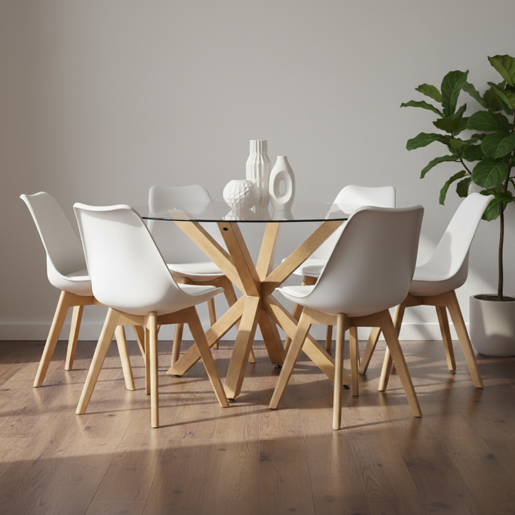 Comedor Mesa Redonda Equiz 120cm + 6 Sillas Tulip Blanca