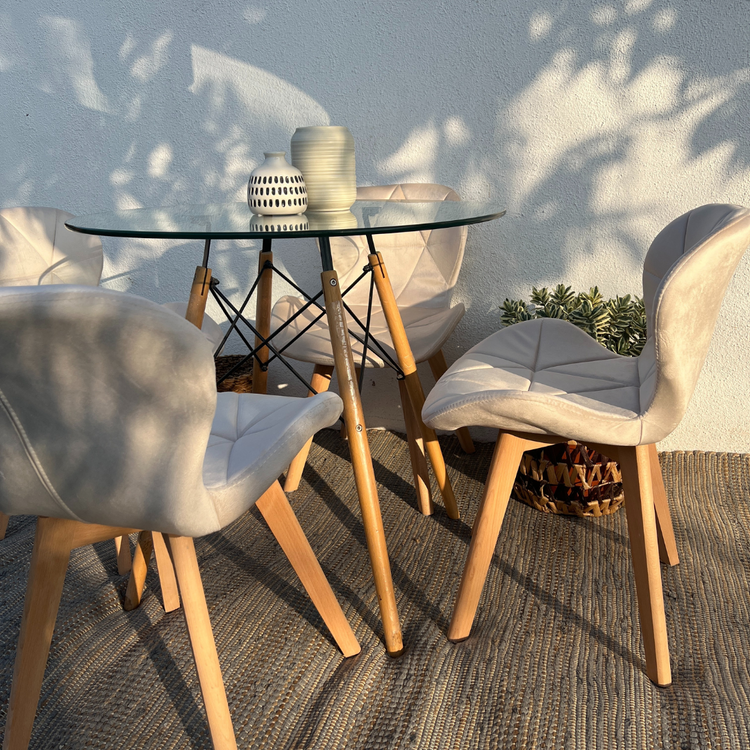 Comedor Redondo Mesa Elida 80cm + 4 Sillón Rubik Beige Felpa