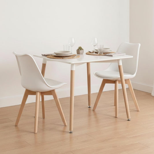 Comedor Mesa Aroa Blanca 80x80 cm + 2 Sillas Tulip Blanca